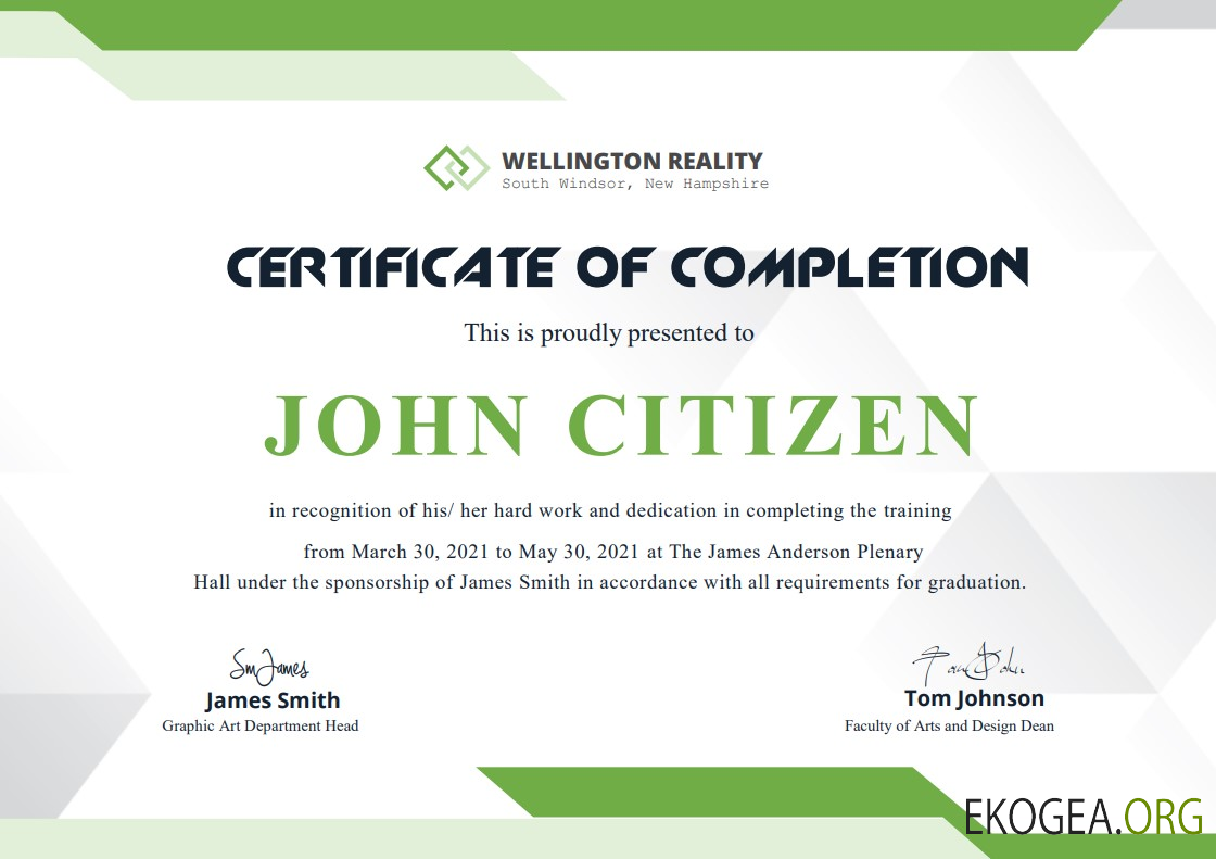 Modèle de certificat d'achèvement des États Unis au format Word et PDF, version 2